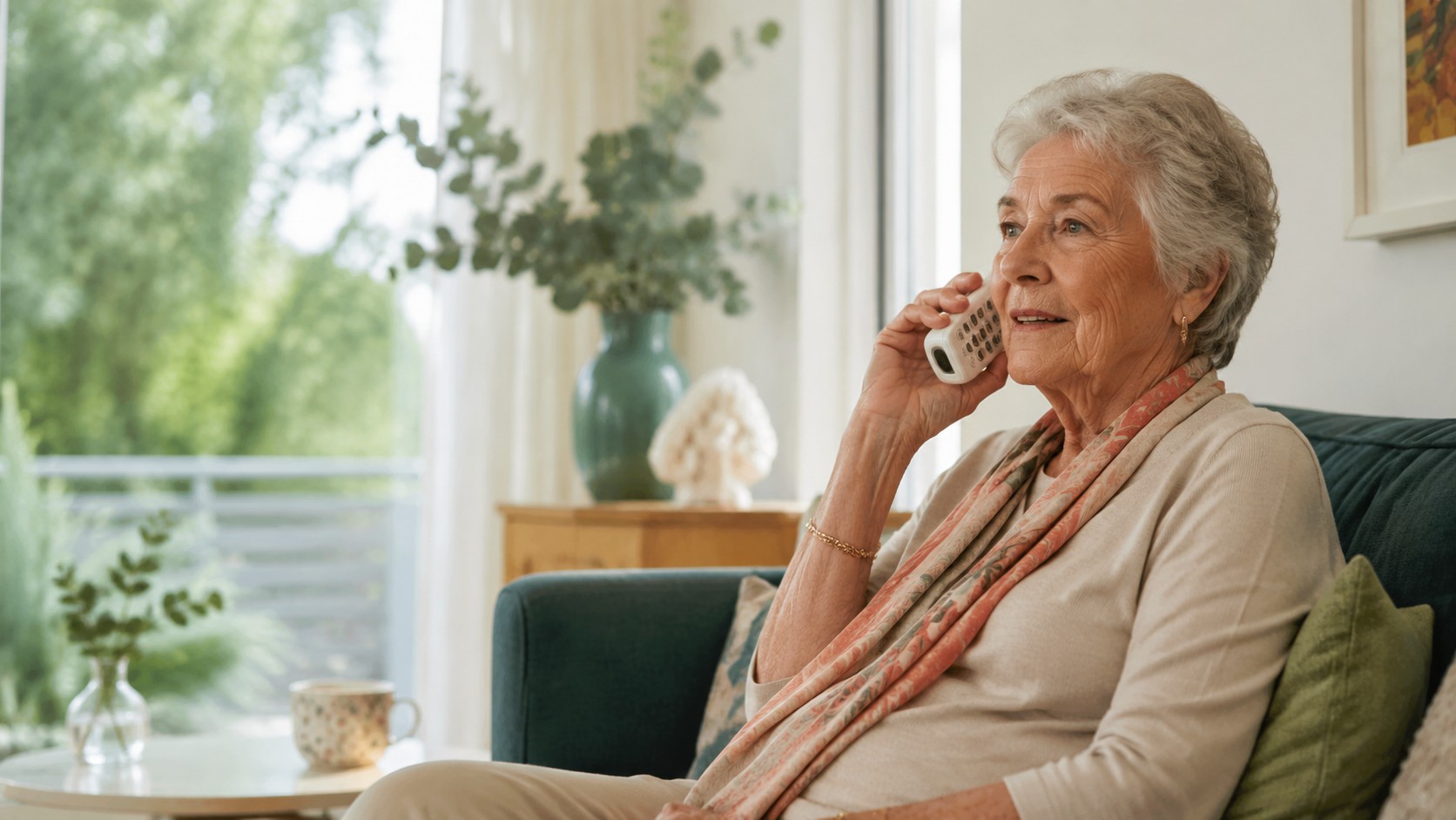An older woman having a comfortable telephone conversation at home